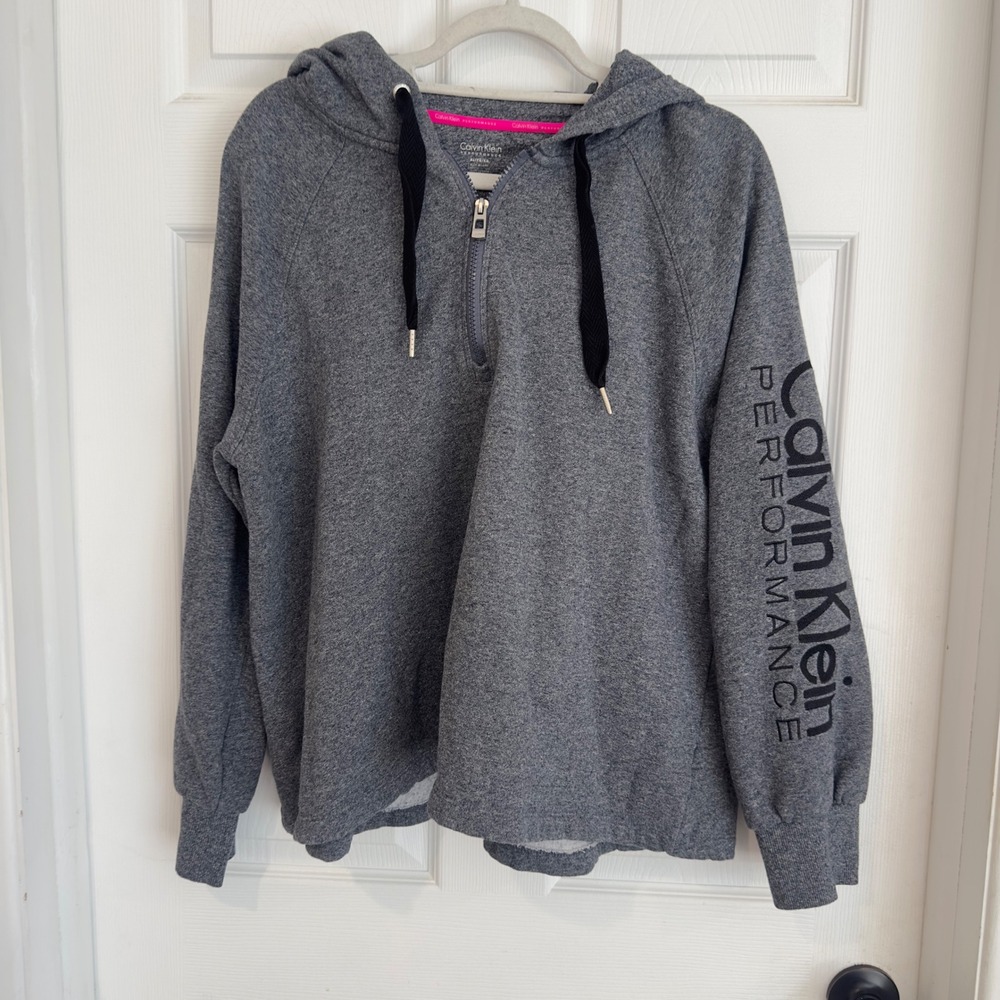 Calvin Klein Performance Women XL Gray Quarter Zip Logo Sleeve Hoodie Sweatshirt